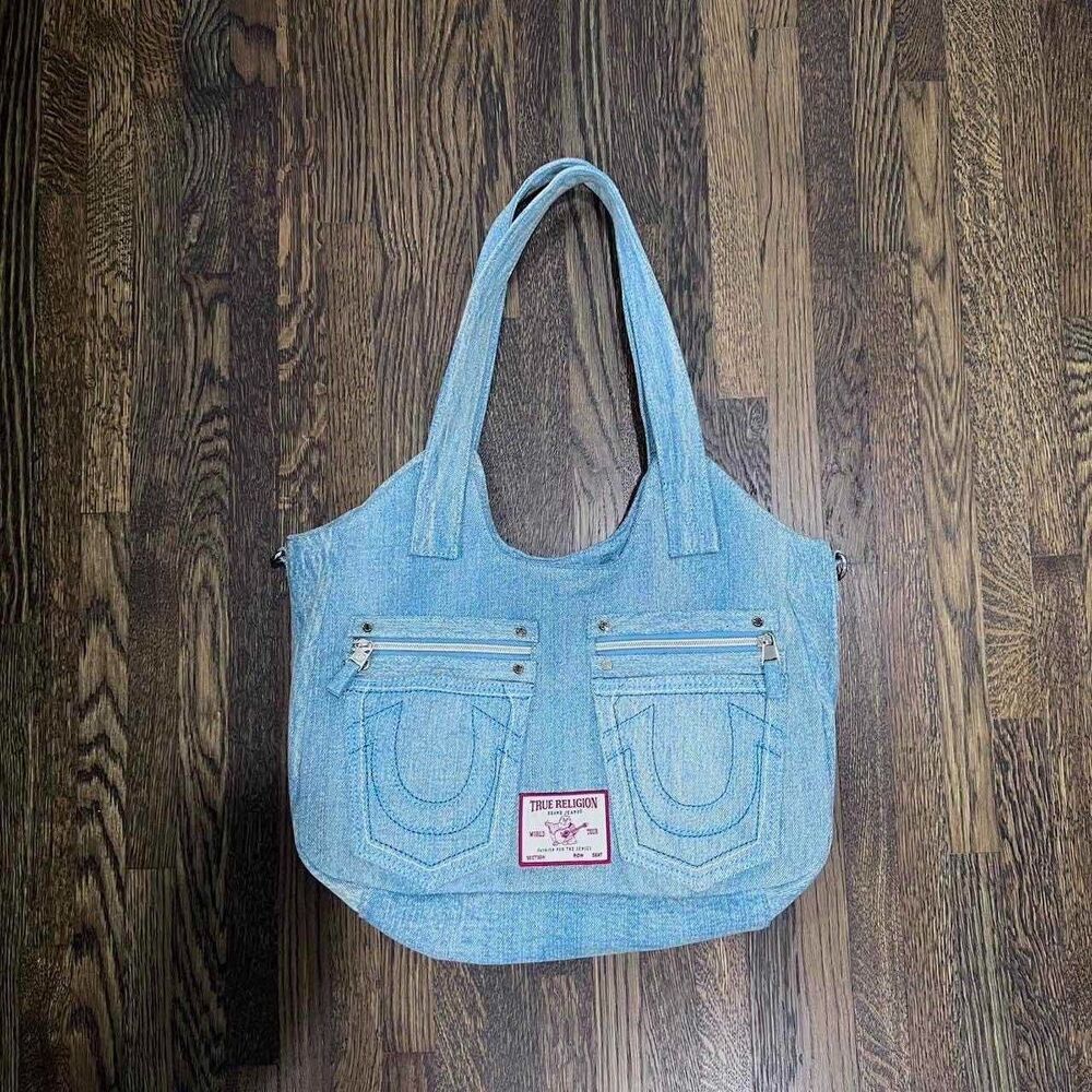 true religion blue denim tote